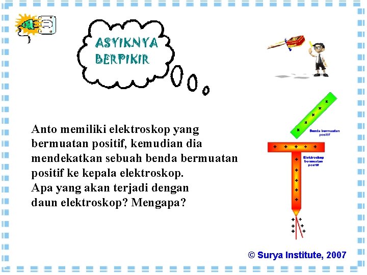 Anto memiliki elektroskop yang bermuatan positif, kemudian dia mendekatkan sebuah benda bermuatan positif ke