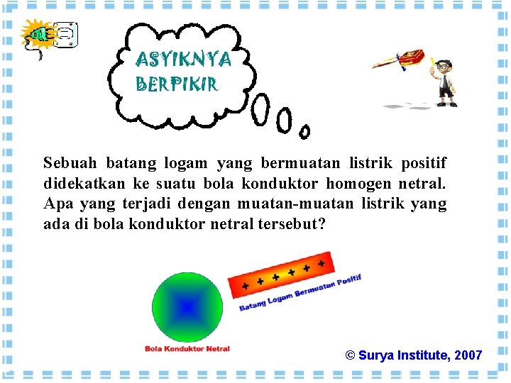 Sebuah batang logam yang bermuatan listrik positif didekatkan ke suatu bola konduktor homogen netral.