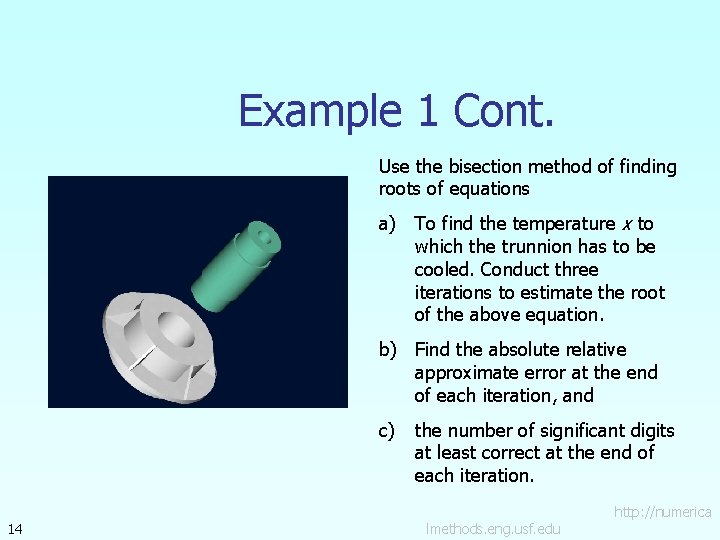 Example 1 Cont. Use the bisection method of finding roots of equations a) To