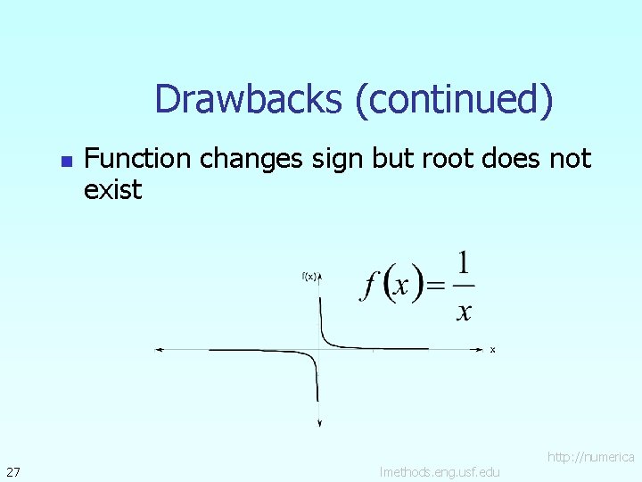 Drawbacks (continued) n 27 Function changes sign but root does not exist lmethods. eng.