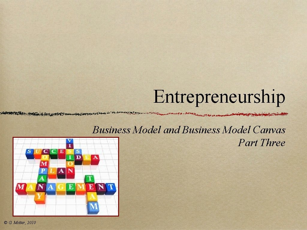 Entrepreneurship Business Model and Business Model Canvas Part Three © G. Motter, 2010 Entrepreneurship Business Model and Business Model Canvas Part Three © G. Motter, 2010