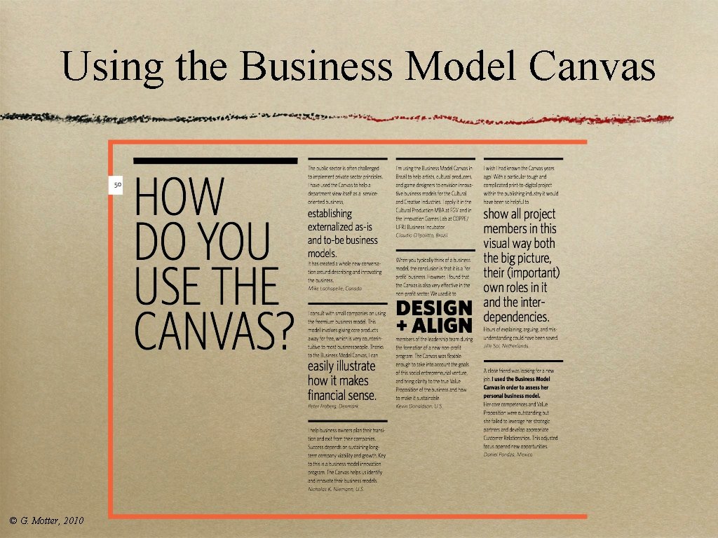 Using the Business Model Canvas © G. Motter, 2010 Using the Business Model Canvas © G. Motter, 2010