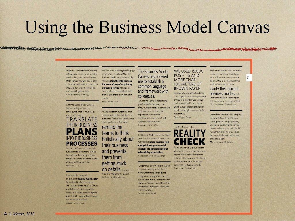 Using the Business Model Canvas © G. Motter, 2010 Using the Business Model Canvas © G. Motter, 2010