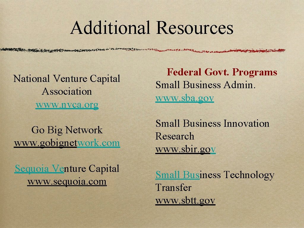 Additional Resources National Venture Capital Association www. nvca. org Go Big Network www. gobignetwork. Additional Resources National Venture Capital Association www. nvca. org Go Big Network www. gobignetwork.