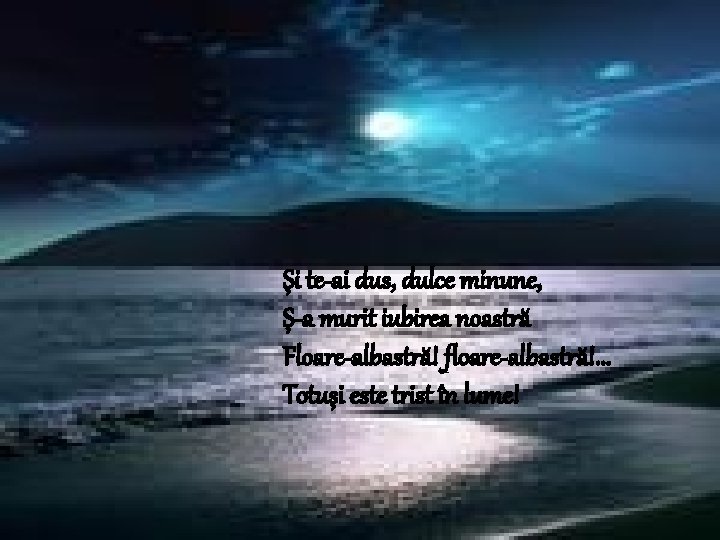 Şi te-ai dus, dulce minune, Ş-a murit iubirea noastră Floare-albastră! floare-albastră!. . . Totuşi