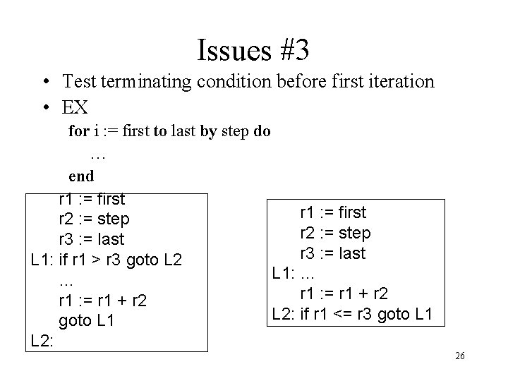 Issues #3 • Test terminating condition before first iteration • EX for i :