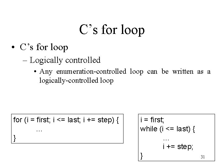 C’s for loop • C’s for loop – Logically controlled • Any enumeration-controlled loop