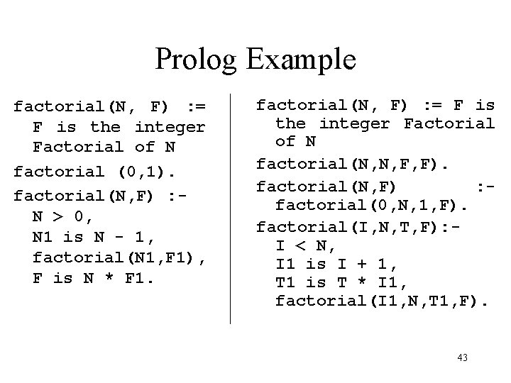 Prolog Example factorial(N, F) : = F is the integer Factorial of N factorial