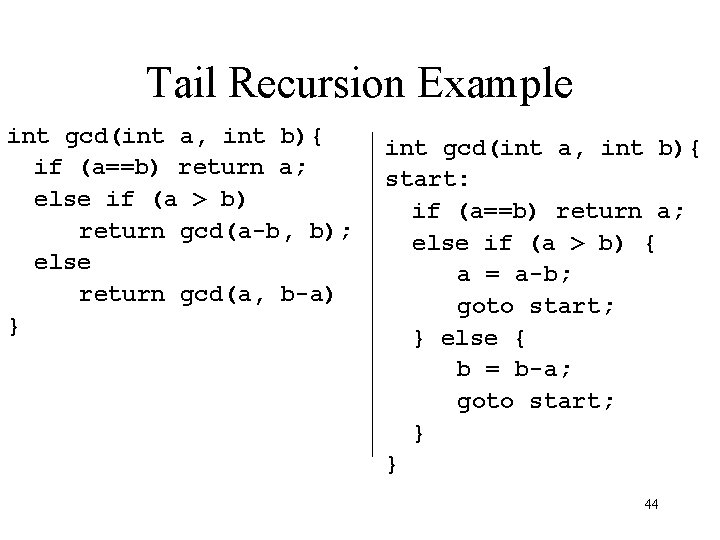 Tail Recursion Example int gcd(int a, int b){ if (a==b) return a; else if