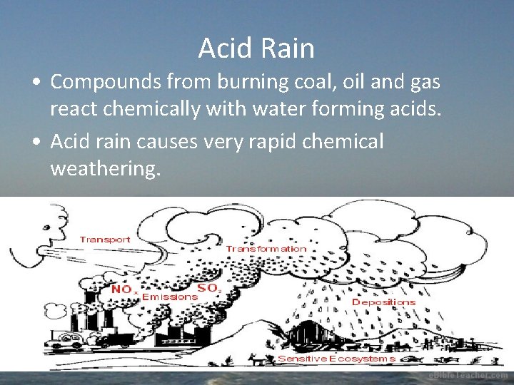 Acid Rain • Compounds from burning coal, oil and gas react chemically with water