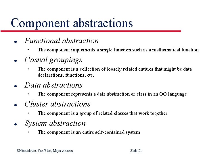 Component abstractions l Functional abstraction • l Casual groupings • l The component represents