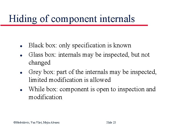 Hiding of component internals l l Black box: only specification is known Glass box: