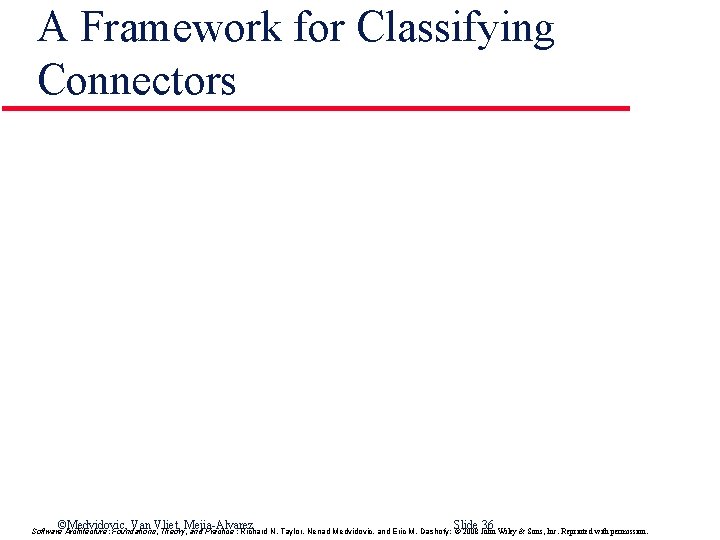A Framework for Classifying Connectors ©Medvidovic, Van Vliet, Mejia-Alvarez Slide 36 Software Architecture: Foundations,