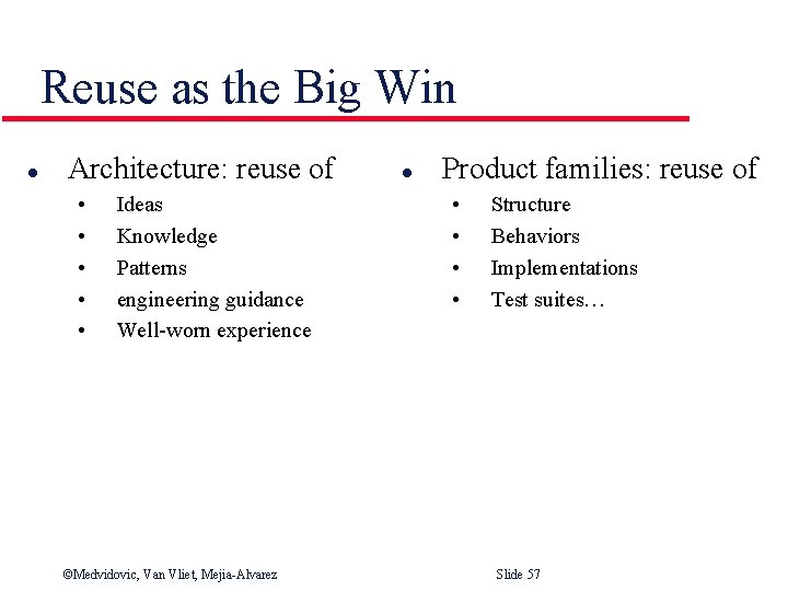 Reuse as the Big Win l Architecture: reuse of • • • Ideas Knowledge