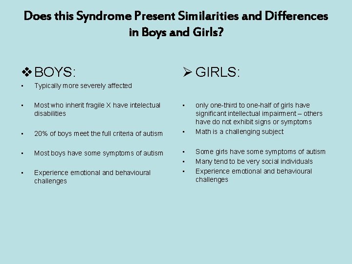 Does this Syndrome Present Similarities and Differences in Boys and Girls? v BOYS: Ø