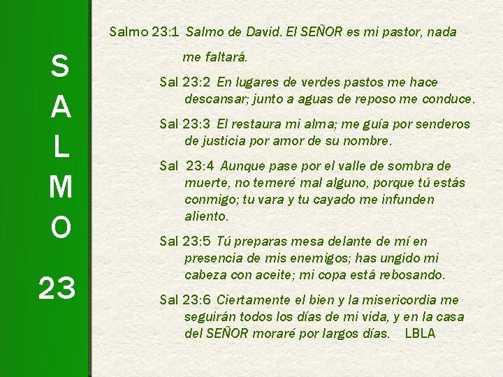 Salmo 23: 1 Salmo de David. El SEÑOR es mi pastor, nada S A