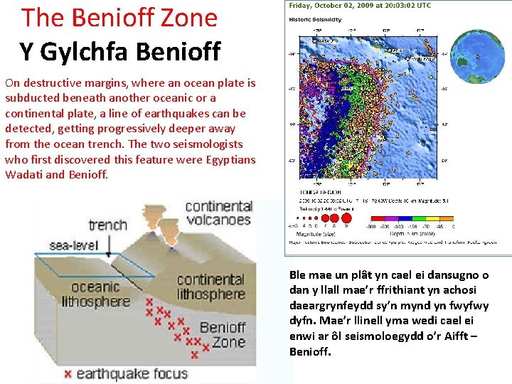 The Benioff Zone Y Gylchfa Benioff On destructive margins, where an ocean plate is