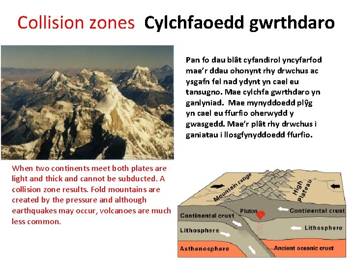 Collision zones Cylchfaoedd gwrthdaro Pan fo dau blât cyfandirol yncyfarfod mae’r ddau ohonynt rhy