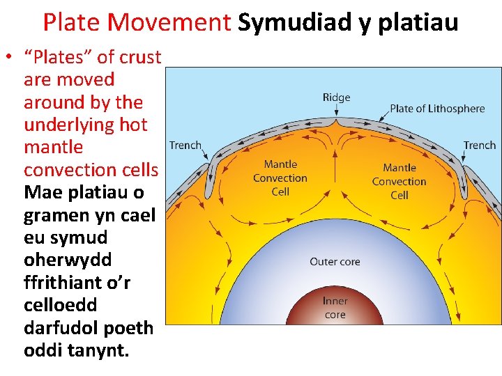 Plate Movement Symudiad y platiau • “Plates” of crust are moved around by the