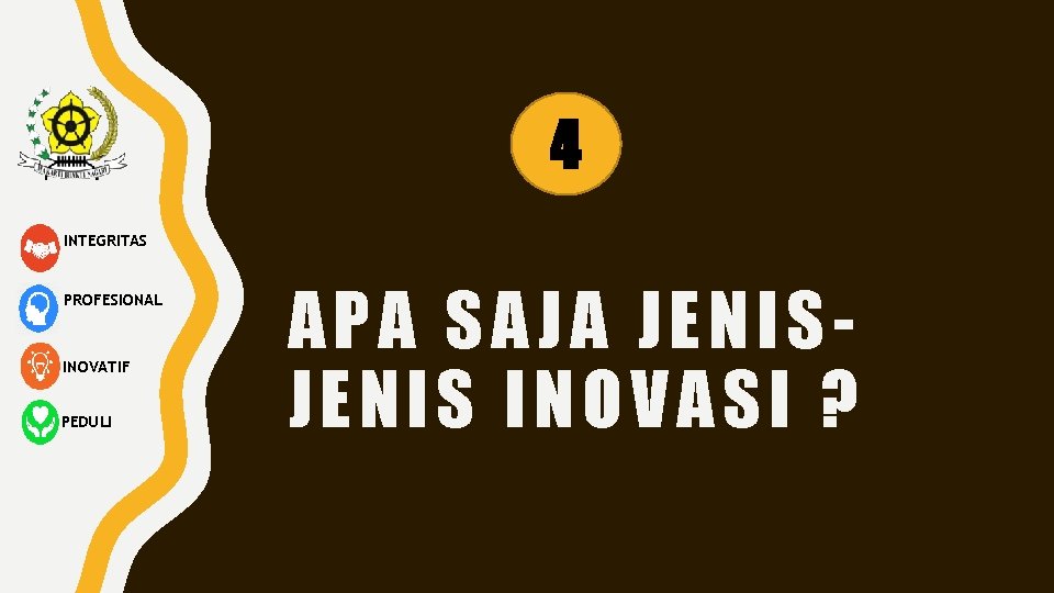 4 INTEGRITAS PROFESIONAL INOVATIF PEDULI APA SAJA JENIS INOVASI ? 