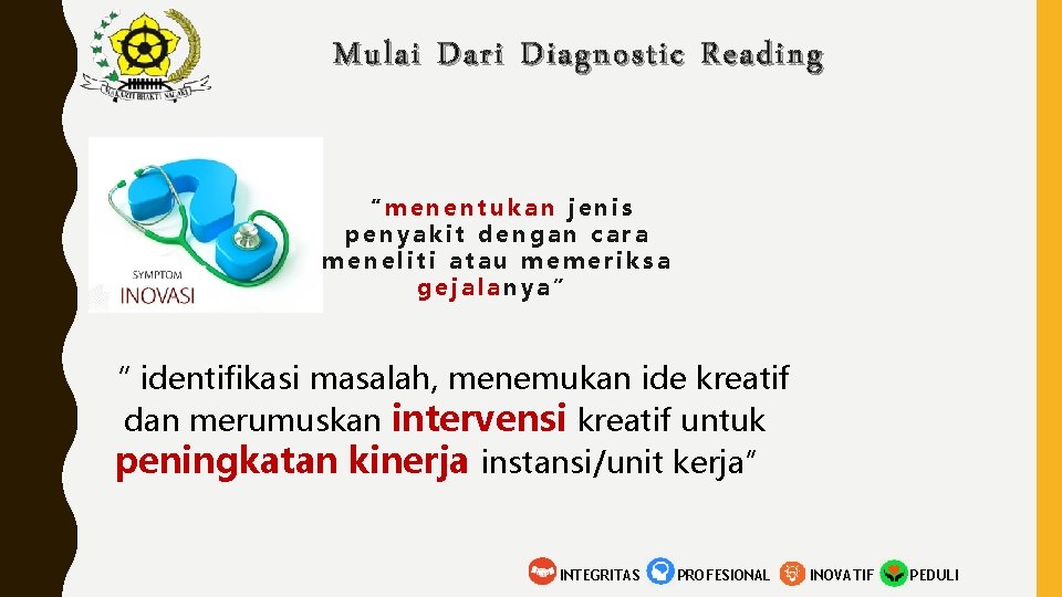 Mulai Dari Diagnostic Reading “menentukan jenis penyakit dengan cara meneliti atau memeriksa gejalanya” “