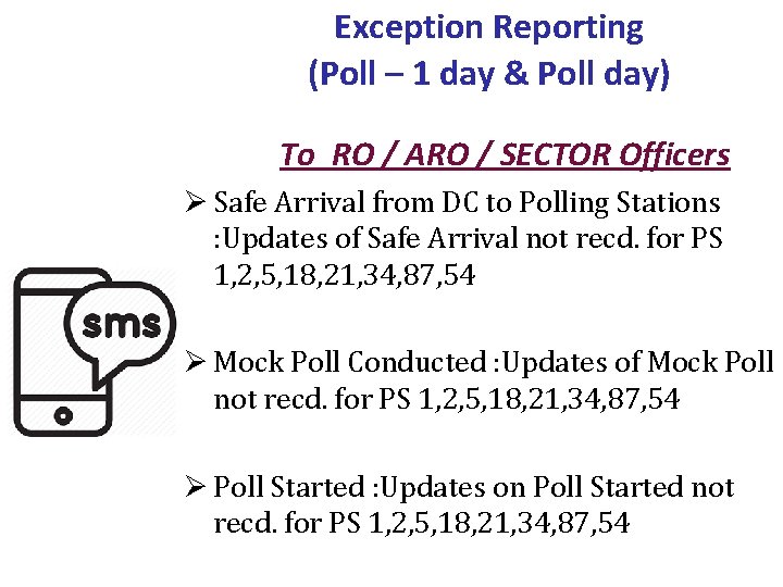 Exception Reporting (Poll – 1 day & Poll day) To RO / ARO /