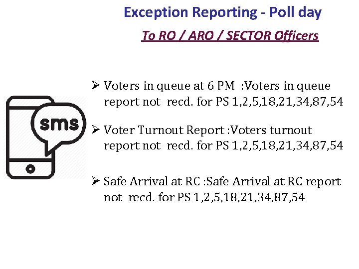 Exception Reporting - Poll day To RO / ARO / SECTOR Officers Ø Voters