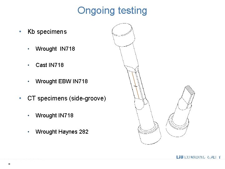 Ongoing testing • Kb specimens • Wrought IN 718 • Cast IN 718 •