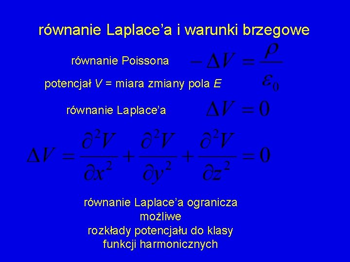 równanie Laplace’a i warunki brzegowe równanie Poissona potencjał V = miara zmiany pola E