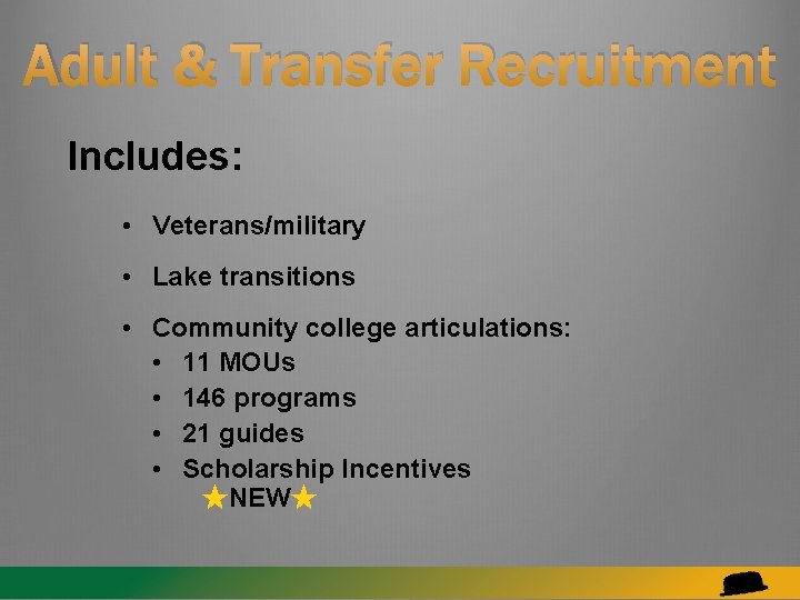 Adult & Transfer Recruitment Includes: • Veterans/military • Lake transitions • Community college articulations: