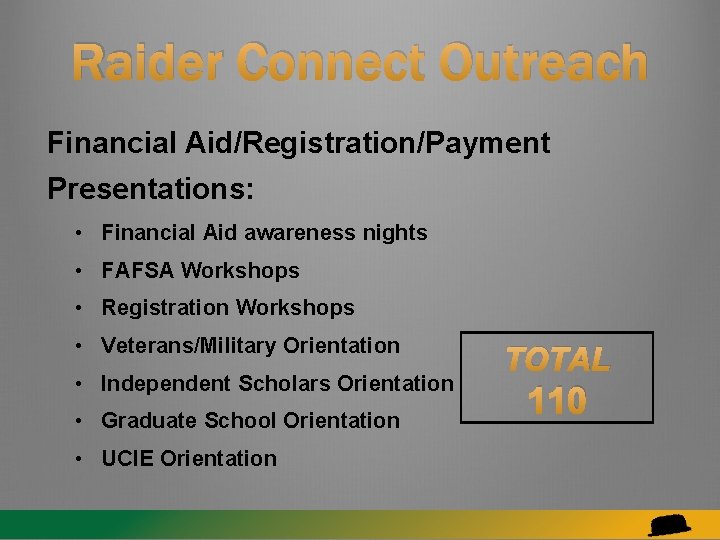 Raider Connect Outreach Financial Aid/Registration/Payment Presentations: • Financial Aid awareness nights • FAFSA Workshops