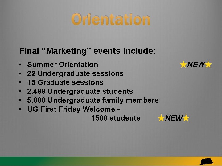 Orientation Final “Marketing” events include: • • • Summer Orientation ★NEW★ 22 Undergraduate sessions