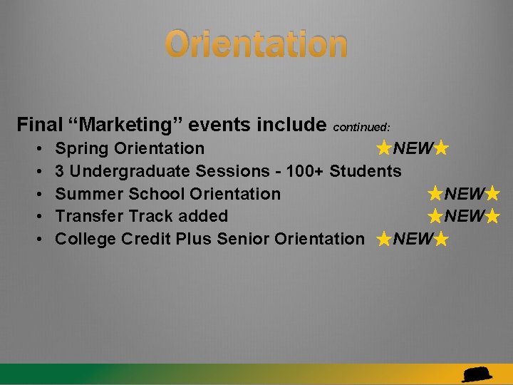 Orientation Final “Marketing” events include continued: • • • Spring Orientation ★NEW★ 3 Undergraduate