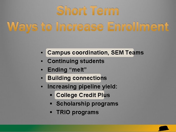 Short Term Ways to Increase Enrollment • • • Campus coordination, SEM Teams Continuing