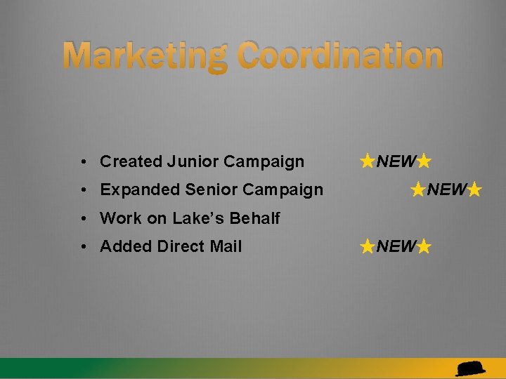 Marketing Coordination • Created Junior Campaign • Expanded Senior Campaign ★NEW★ • Work on