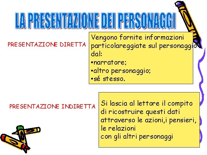 Vengono fornite informazioni PRESENTAZIONE DIRETTA particolareggiate sul personaggio dal: • narratore; • altro personaggio; Vengono fornite informazioni PRESENTAZIONE DIRETTA particolareggiate sul personaggio dal: • narratore; • altro personaggio;