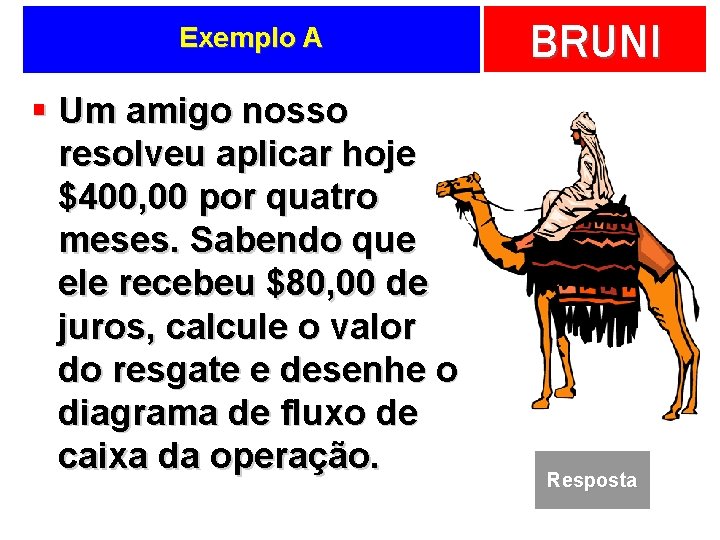 Exemplo A § Um amigo nosso resolveu aplicar hoje $400, 00 por quatro meses.