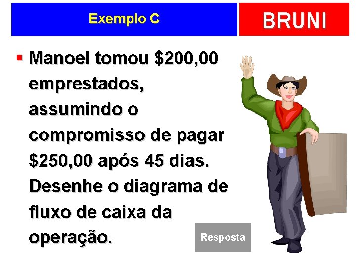 Exemplo C § Manoel tomou $200, 00 emprestados, assumindo o compromisso de pagar $250,