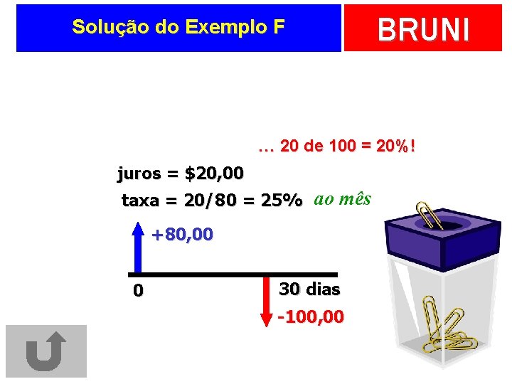 Solução do Exemplo F BRUNI … 20 de 100 = 20%! juros = $20,