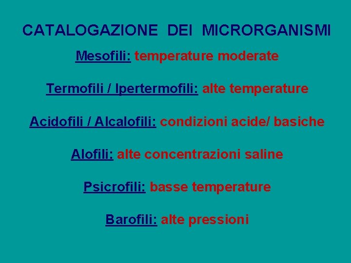 CATALOGAZIONE DEI MICRORGANISMI Mesofili: temperature moderate Termofili / Ipertermofili: alte temperature Acidofili / Alcalofili: