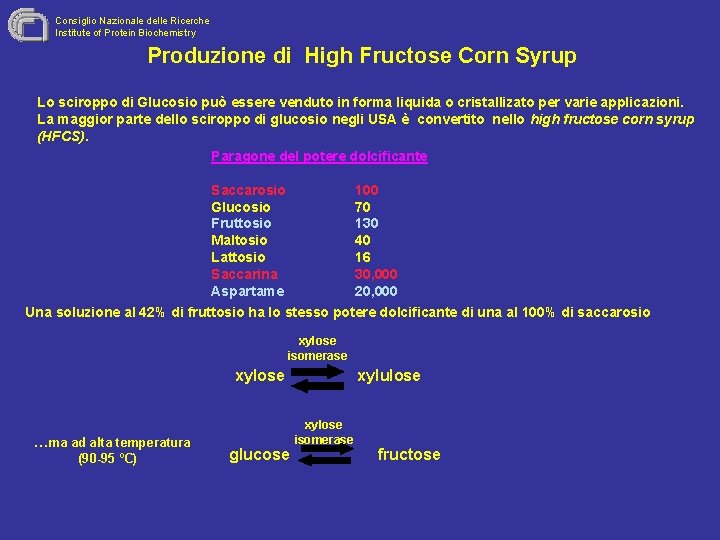 Consiglio Nazionale delle Ricerche Institute of Protein Biochemistry Produzione di High Fructose Corn Syrup