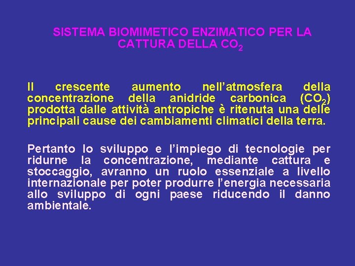 SISTEMA BIOMIMETICO ENZIMATICO PER LA CATTURA DELLA CO 2 Il crescente aumento nell’atmosfera della