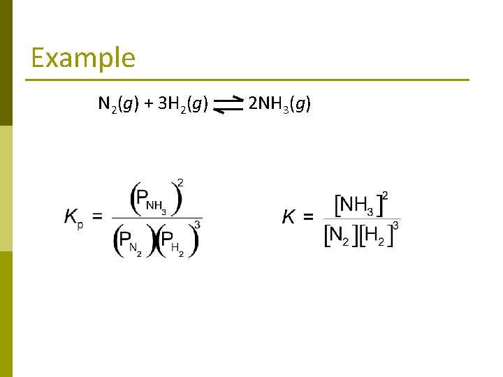 Example N 2(g) + 3 H 2(g) 2 NH 3(g) 