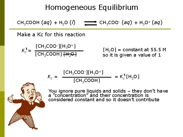 Homogeneous Equilibrium CH 3 COOH (aq) + H 2 O (l) CH 3 COO-