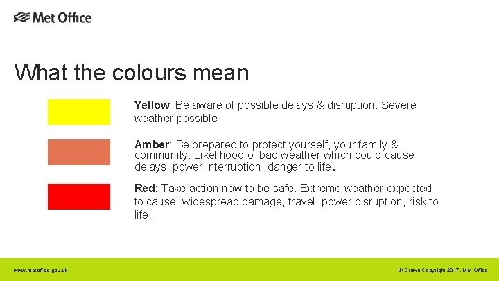 What the colours mean Yellow: Be aware of possible delays & disruption. Severe weather