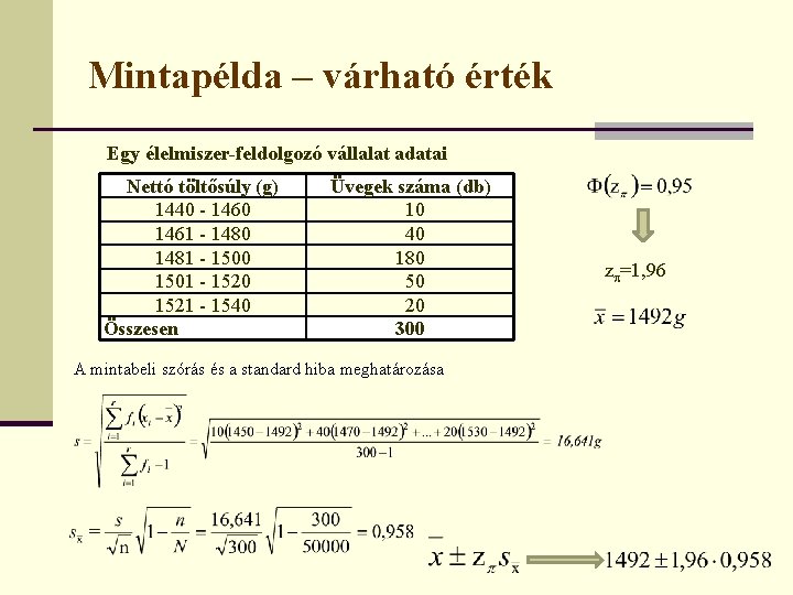 Mintapélda – várható érték Egy élelmiszer-feldolgozó vállalat adatai Nettó töltősúly (g) 1440 - 1460