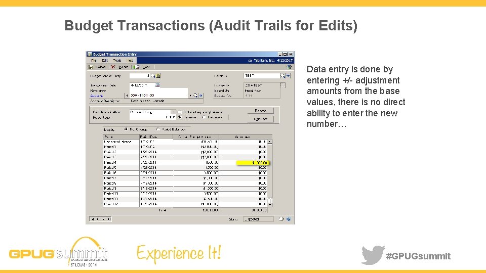 Budget Transactions (Audit Trails for Edits) Data entry is done by entering +/- adjustment
