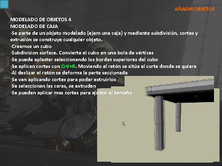 AÑADIR OBJETOS MODELADO DE OBJETOS 4 MODELADO DE CAJA -Se parte de un objeto