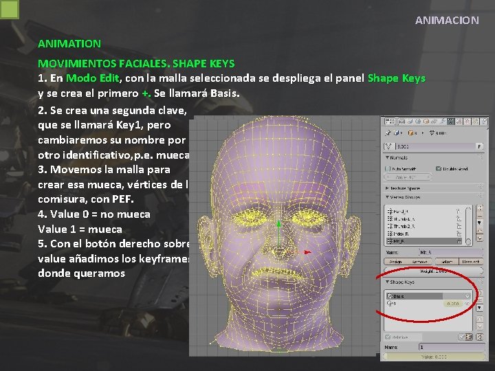 ANIMACION ANIMATION MOVIMIENTOS FACIALES. SHAPE KEYS 1. En Modo Edit, con la malla seleccionada