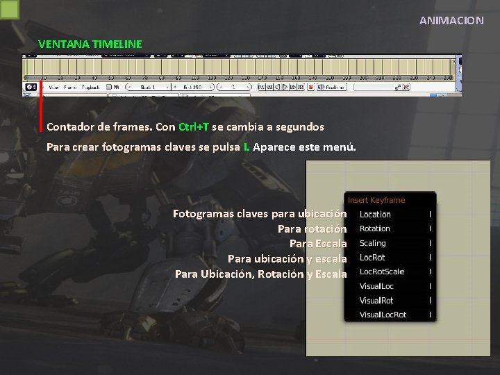 ANIMACION VENTANA TIMELINE Contador de frames. Con Ctrl+T se cambia a segundos Para crear